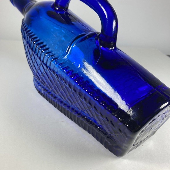 Vintage Cobalt Blue Embossed Wine Bottle | Quilted Lattice Wicker Basket, Handle - Picture 4 of 10